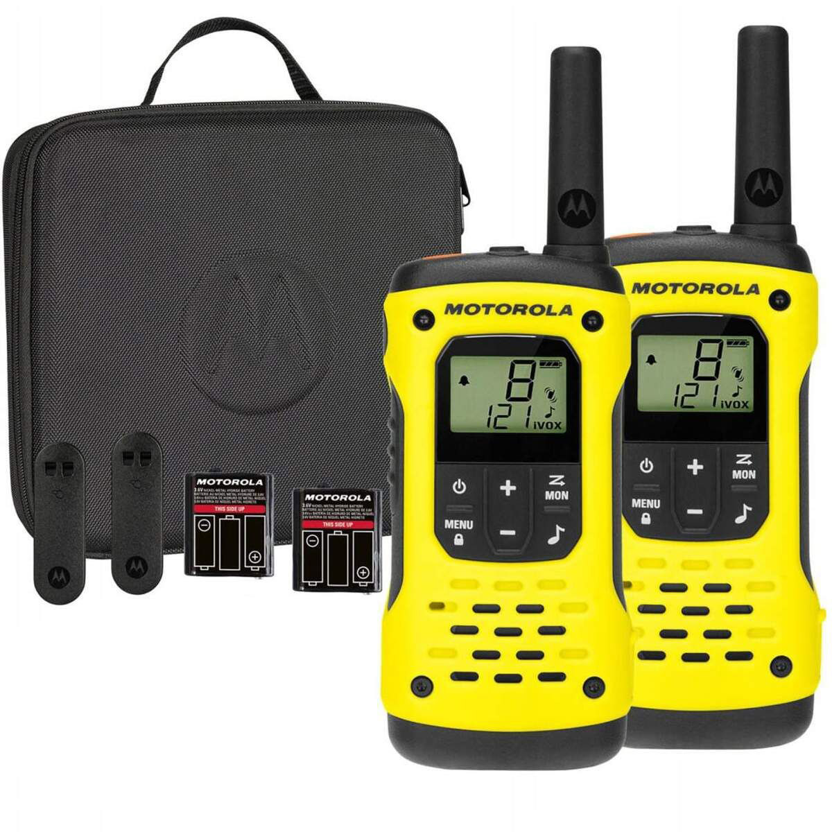 Pack completo del Motorola T92 H2O con dos walkie talkies, baterías y estuche de transporte