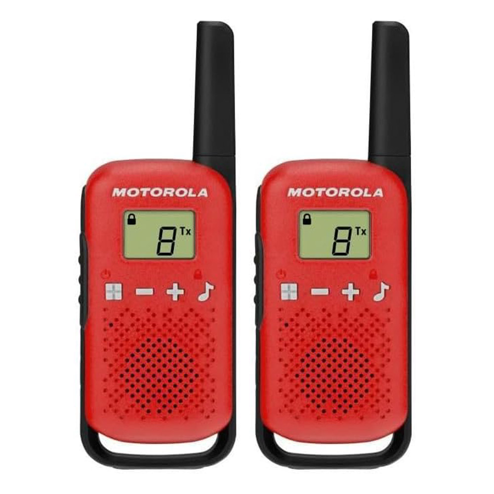 Pack de dos walkie talkies Motorola T42 en color rojo con pantalla y controles frontales
