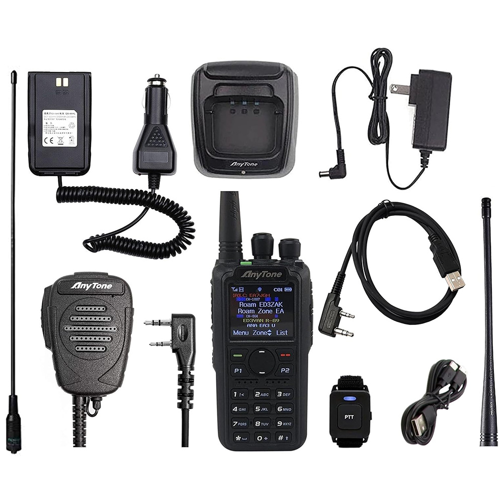 AnyTone AT-D878UV II Plus con batería, cargador, antena, cable USB y accesorios incluidos para radioaficionados con licencia