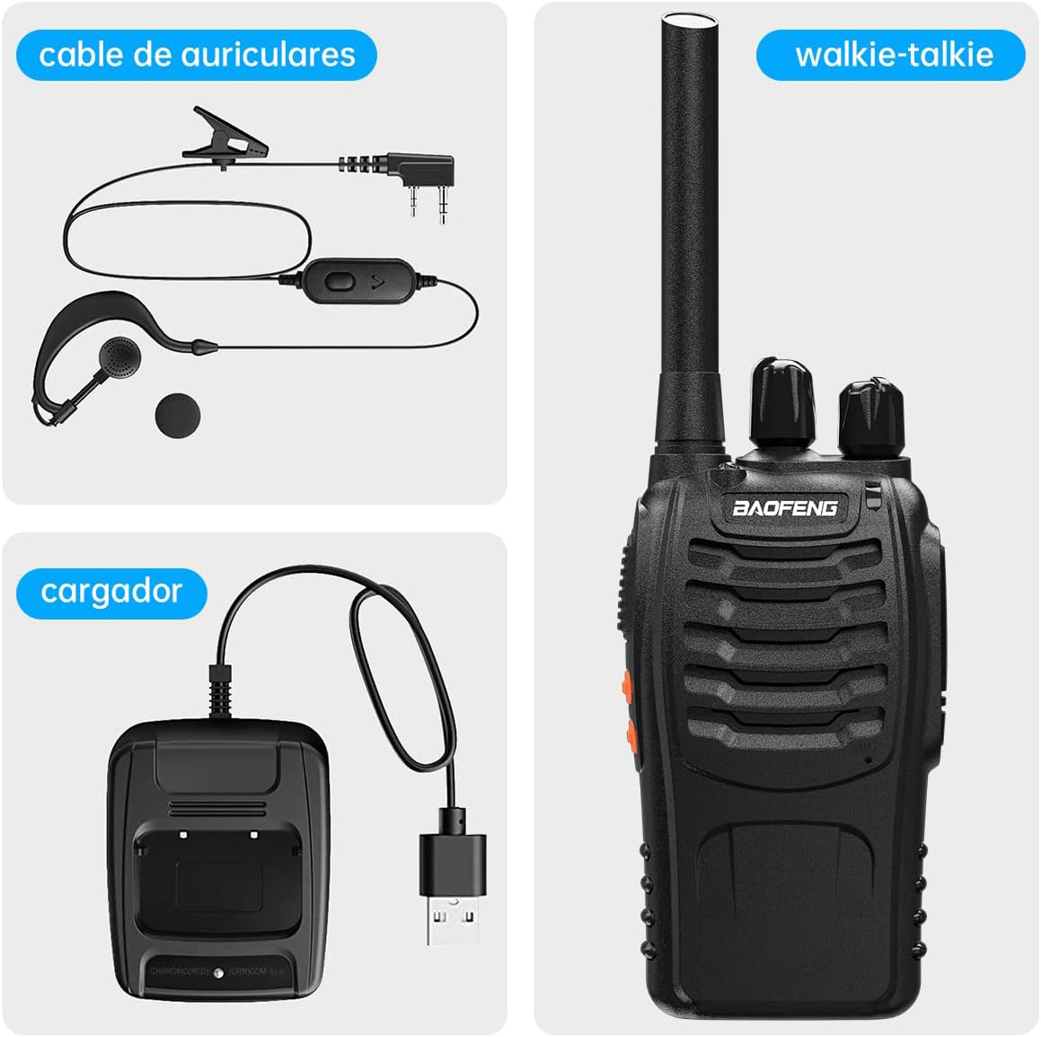 Contenido del pack Baofeng BF-88E con walkie talkie, auriculares y cargador USB