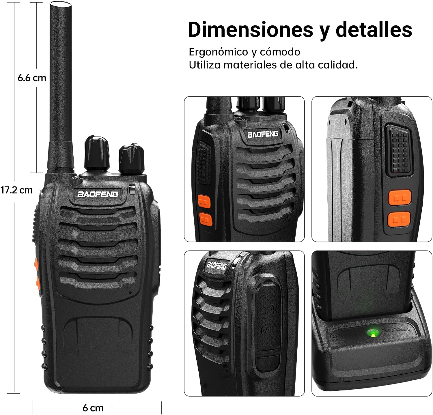 Dimensiones y detalles del walkie talkie Baofeng BF-88E con medidas de tamaño y vistas de sus controles y base de carga