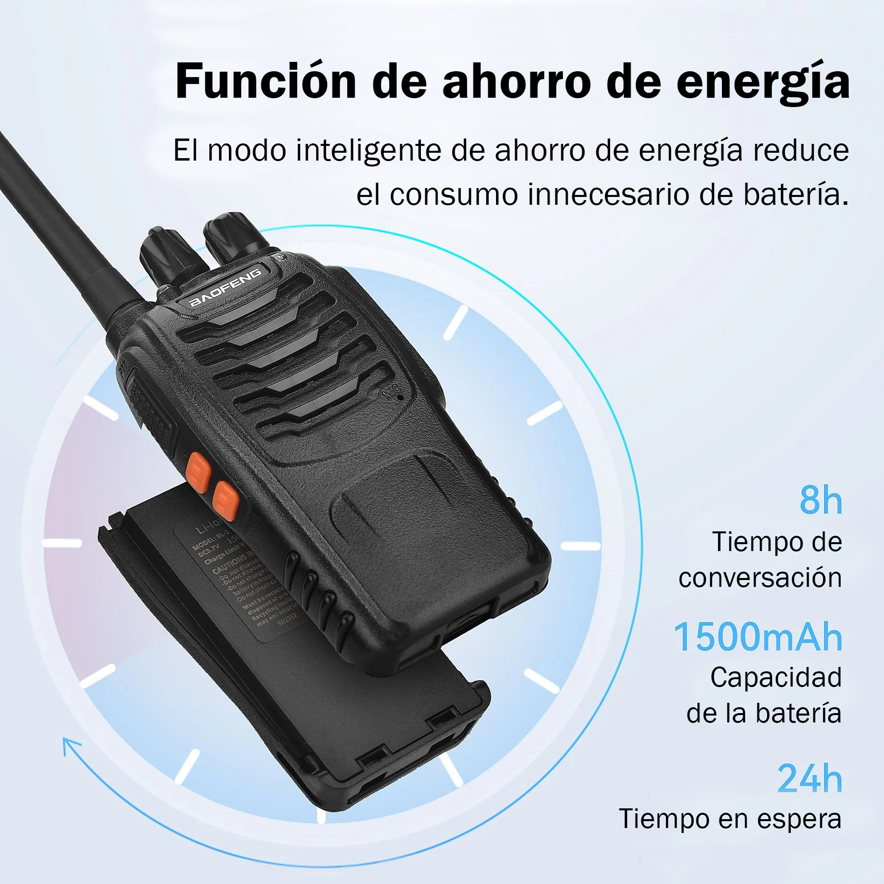 Función de ahorro de energía del walkie talkie Baofeng BF-88E con batería de 1500 mAh y hasta 24 horas en espera