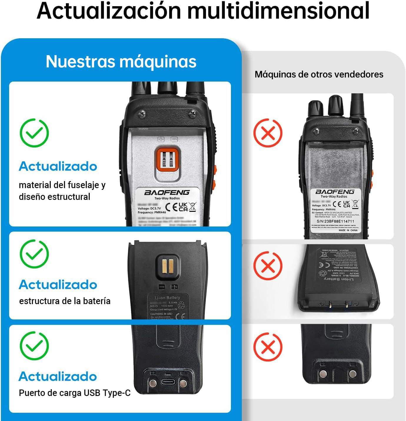 Comparativa del Baofeng BF-88E actualizado con puerto USB-C y batería mejorada frente a modelos antiguos de otros vendedores