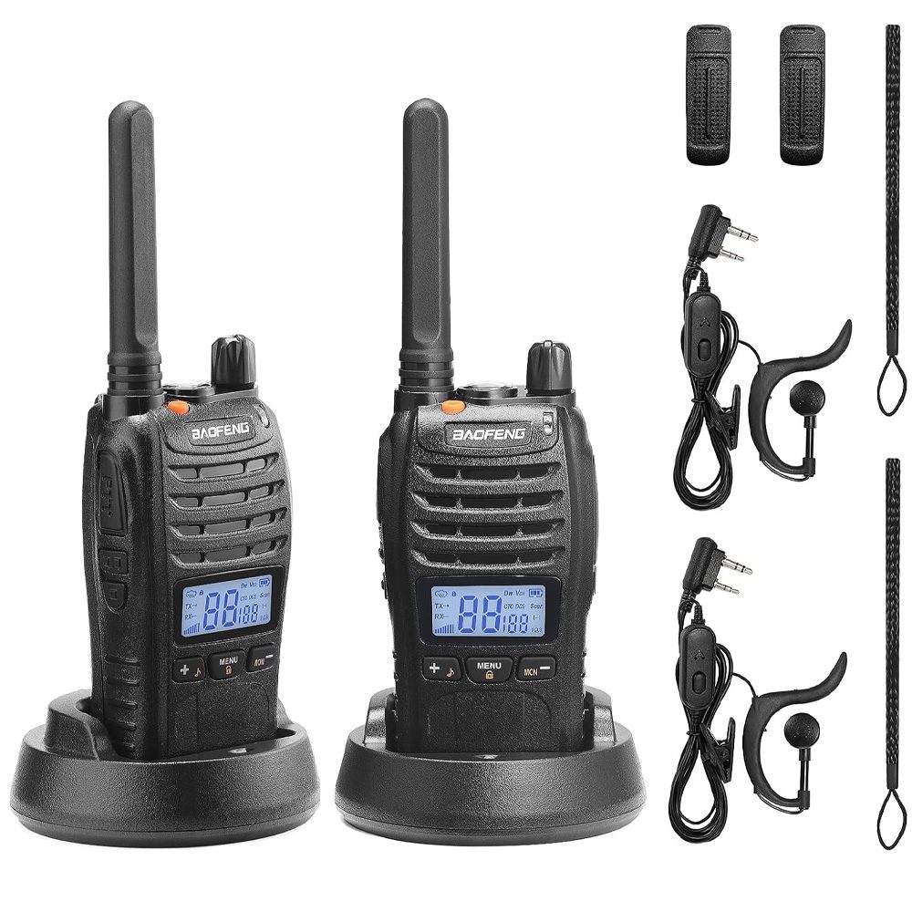 Dos walkie talkies Baofeng BF-88ST Pro con base de carga y auriculares incluidos
