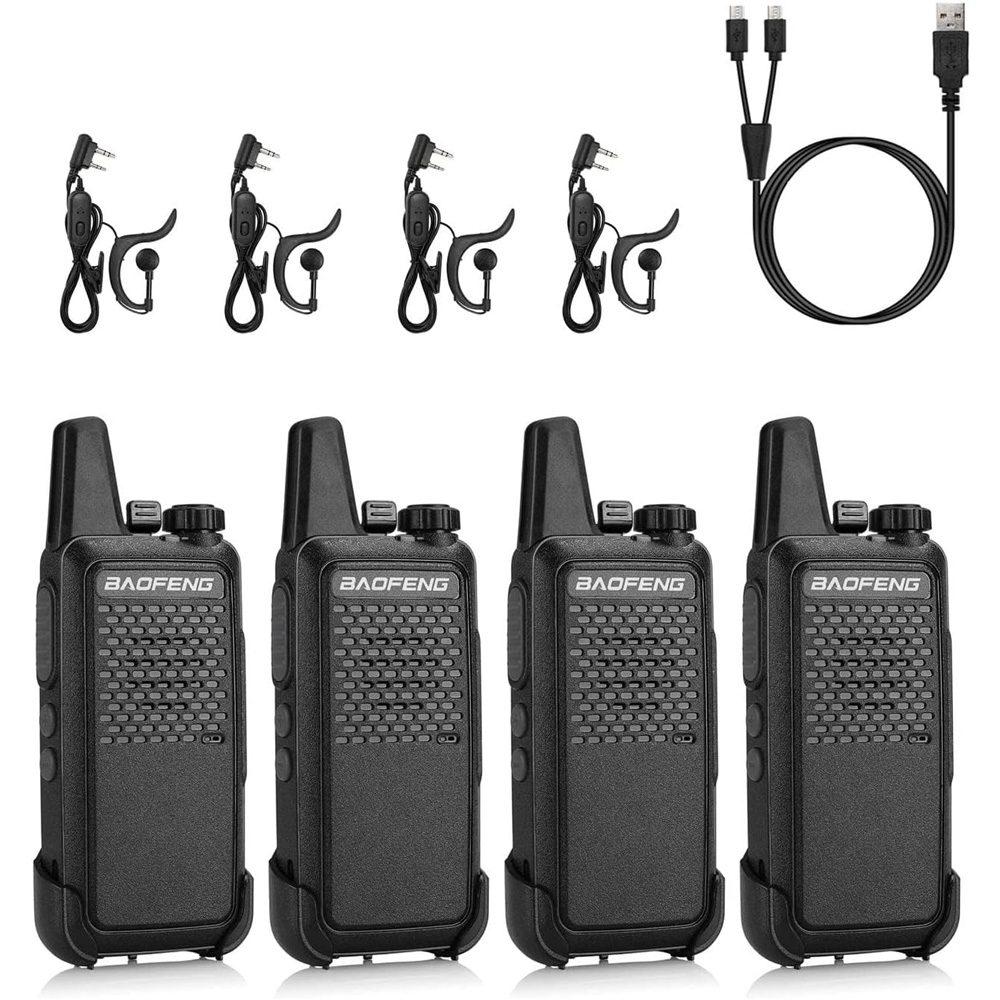 Pack de cuatro walkie talkies Baofeng gt-22 con auriculares y cable de carga USB