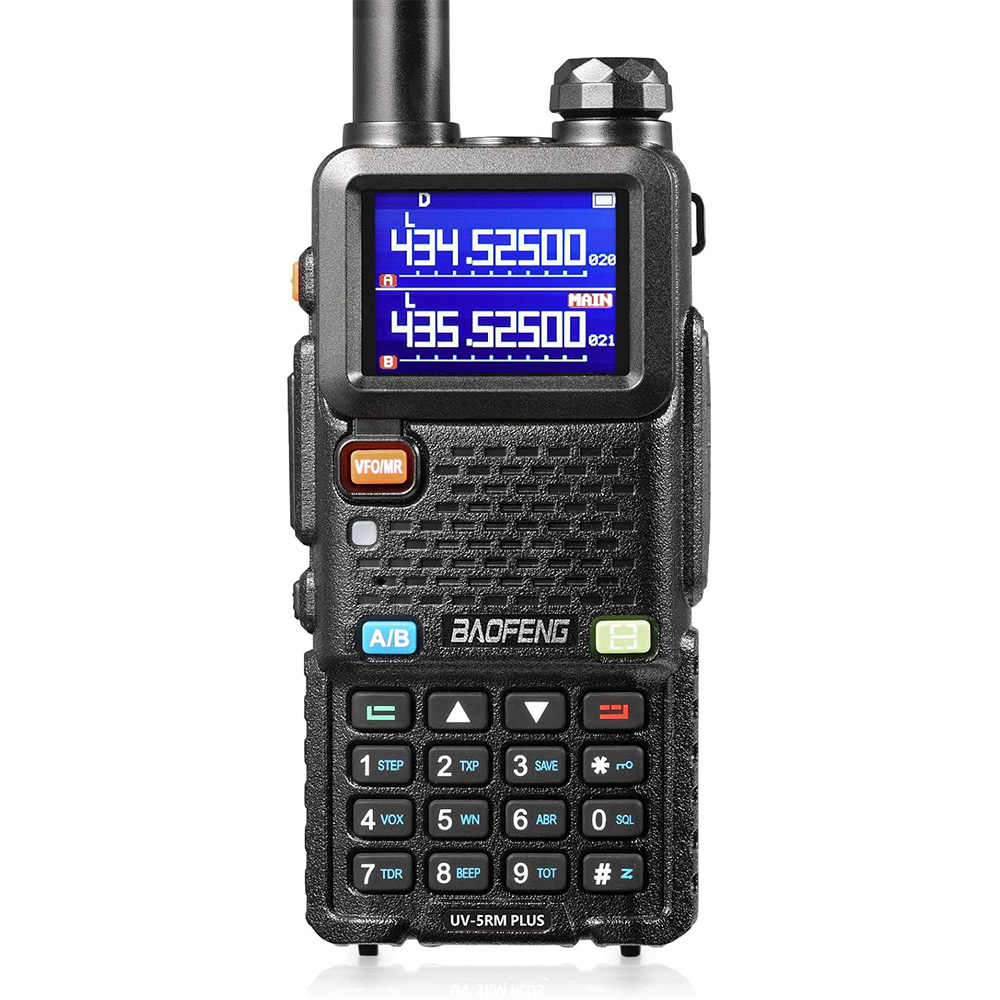 Baofeng UV-5RM Plus walkie talkie con licencia de doble banda, pantalla retroiluminada y teclado completo para radioafición