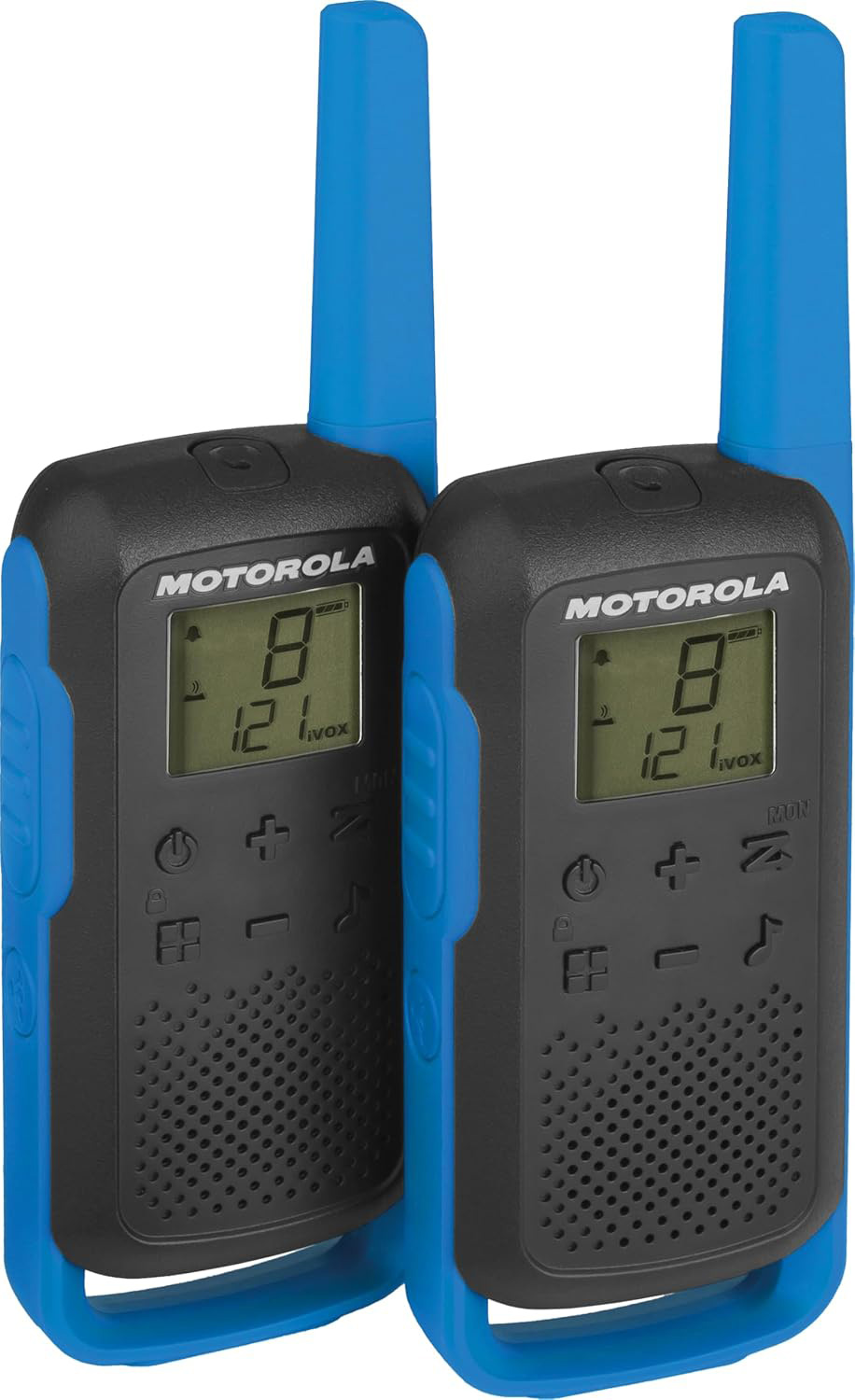 Pack de dos walkie talkies Motorola T62 en color azul con vista frontal