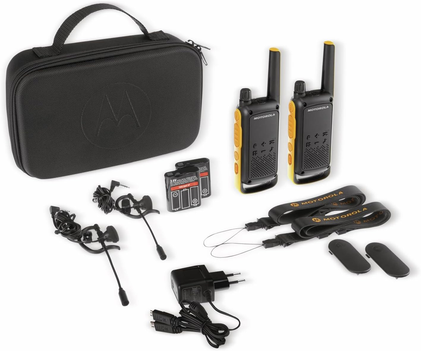 Kit completo Motorola T82 Extreme con walkie talkies, baterías, cargador, auriculares y funda de transporte